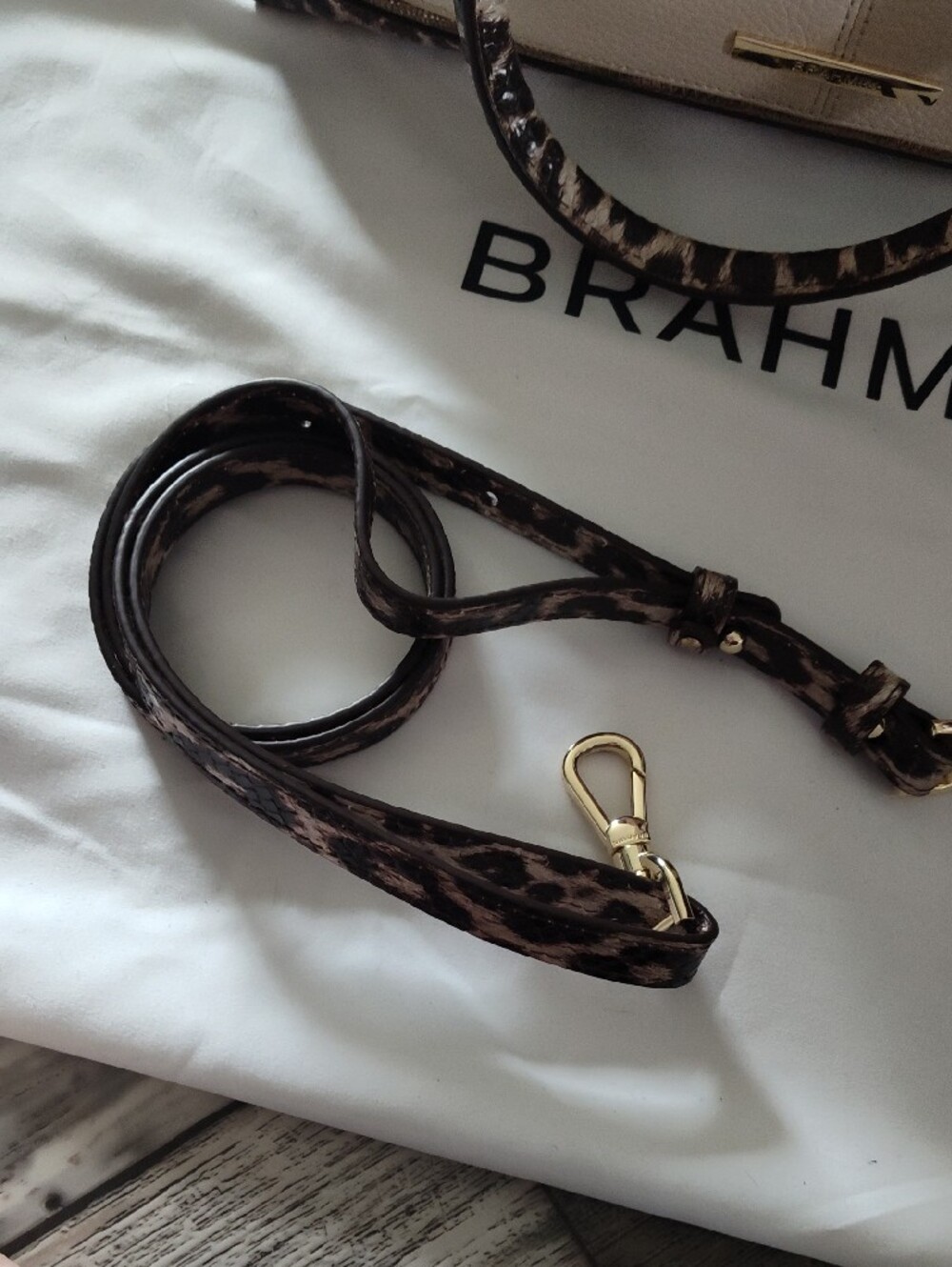 Brahmin Cream Leather Satchel with Leopard Trim and Gold Hardware - Picture 2 of 7
